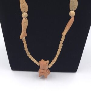 Vintage Ethnic Mexico Barro Necklace Bird Fish Fetish Clay Folk Art Tribal Style